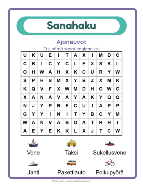 Esikatselu: Opi englantia: Ajoneuvot – sanahaku lapsille
