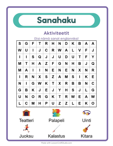 Englannin sanahaku – Aktiviteetit