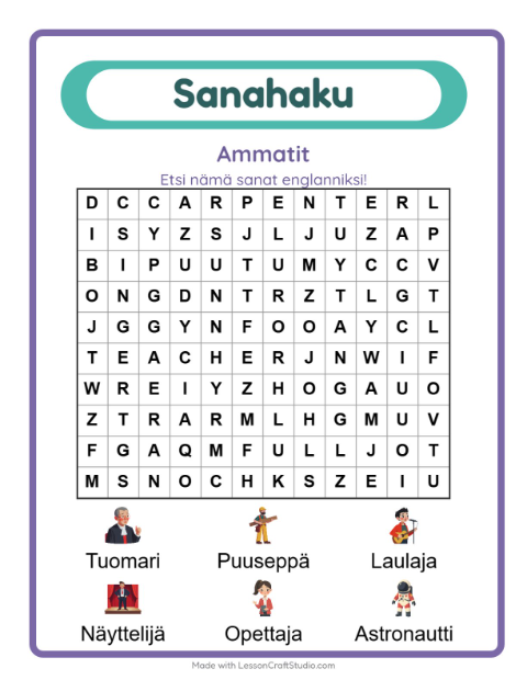Esikatselu: Opi englantia: Ammatit – sanahaku lapsille