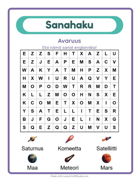 Esikatselu: Opi englantia: Avaruus – sanahaku lapsille