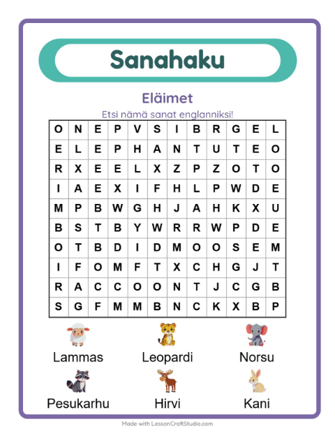 Esikatselu: Opi englantia: Eläimet – sanahaku lapsille
