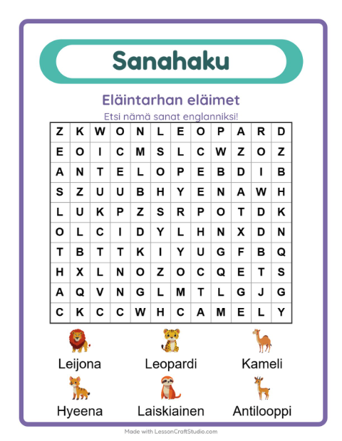 Englannin sanahaku – Eläintarhan eläimet