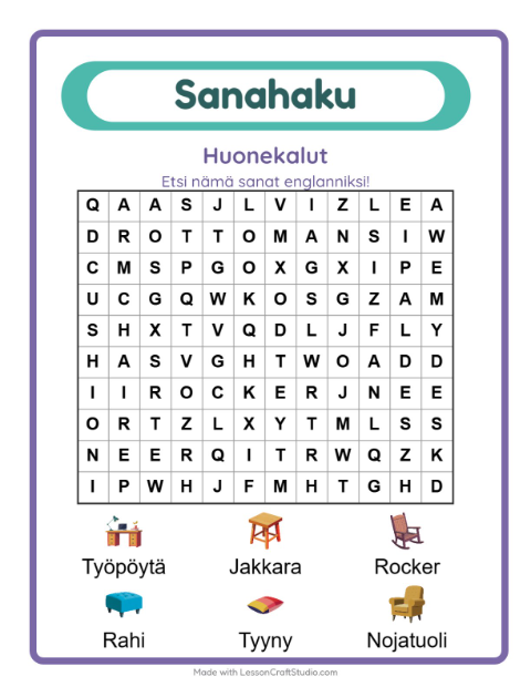 Englannin sanahaku – Huonekalut