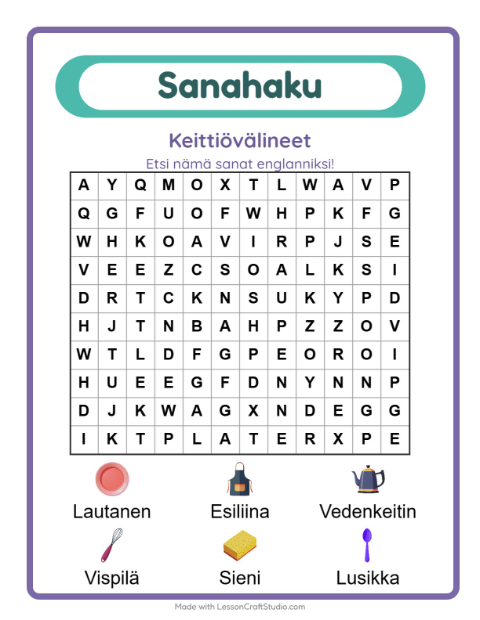 Englannin sanahaku – Keittiövälineet