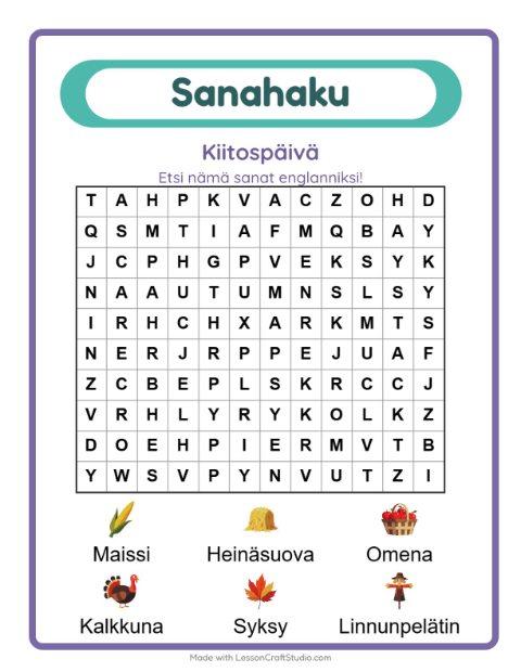 Englannin sanahaku – Kiitospäivä