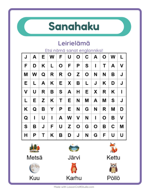 Englannin sanahaku – Leirielämä