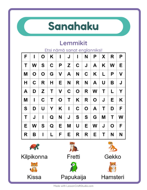 Englannin sanahaku – Lemmikit
