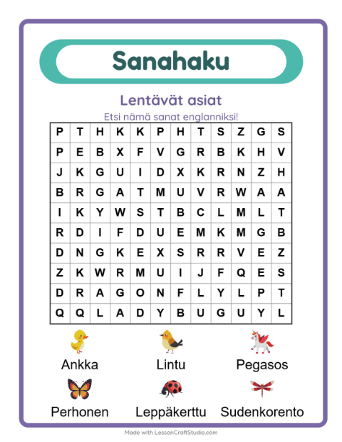 Englannin sanahaku – Lentävät asiat