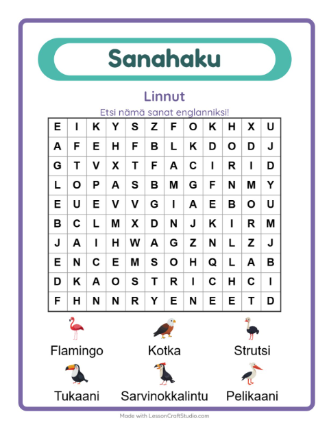 Esikatselu: Opi englantia: Linnut – sanahaku lapsille