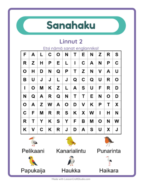 Englannin sanahaku – Linnut 2