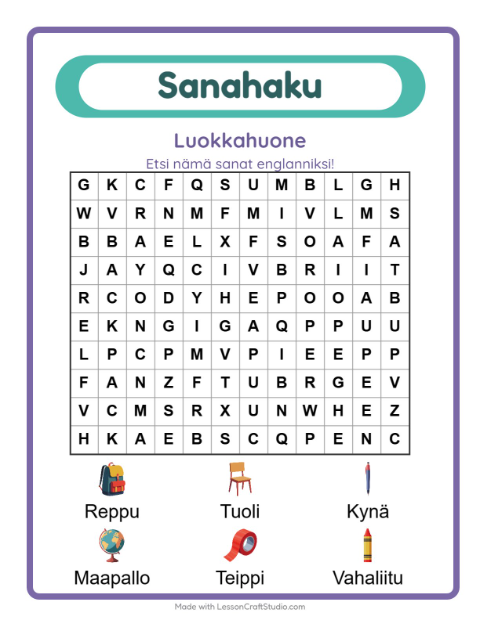 Englannin sanahaku – Luokkahuone