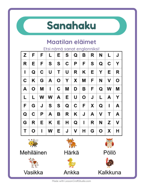 Englannin sanahaku – Maatilan eläimet