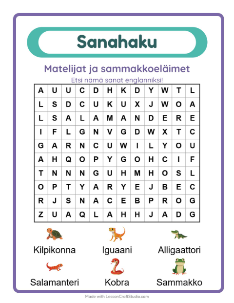 Englannin sanahaku – Matelijat ja sammakkoeläimet