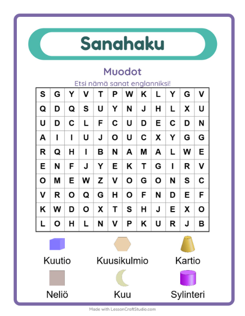 Esikatselu: Opi englantia: Muodot – sanahaku lapsille