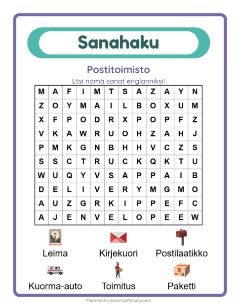 Esikatselu: Opi englantia: Postitoimisto – sanahaku lapsille