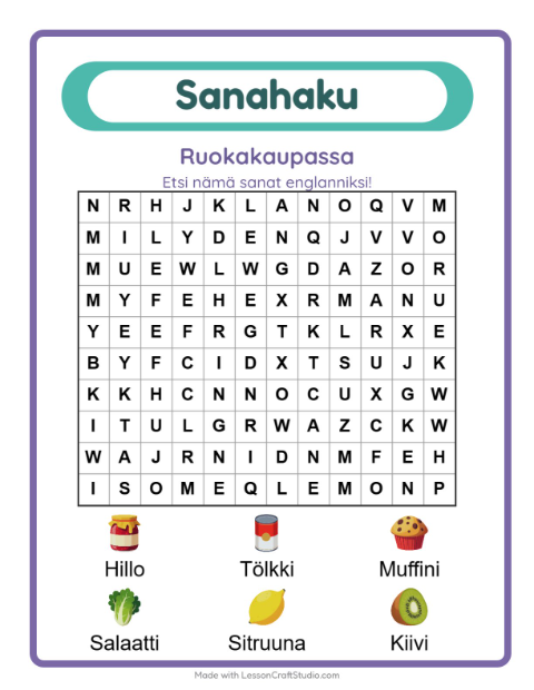 Esikatselu: Opi englantia: Ruokakaupassa – sanahaku lapsille
