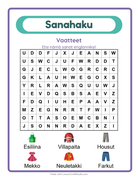 Englannin sanahaku – Vaatteet