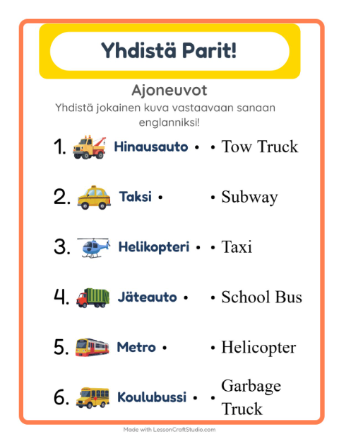 Esikatselu: Opi englantia: Ajoneuvot – yhdistä kuvat ja sanat