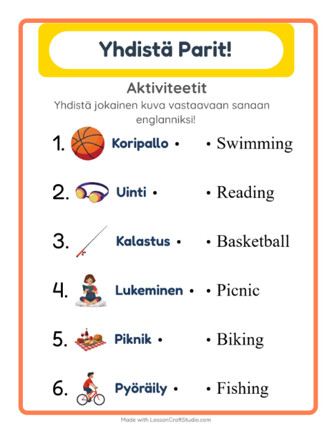 Englannin kuvien ja sanojen yhdistäminen – Aktiviteetit