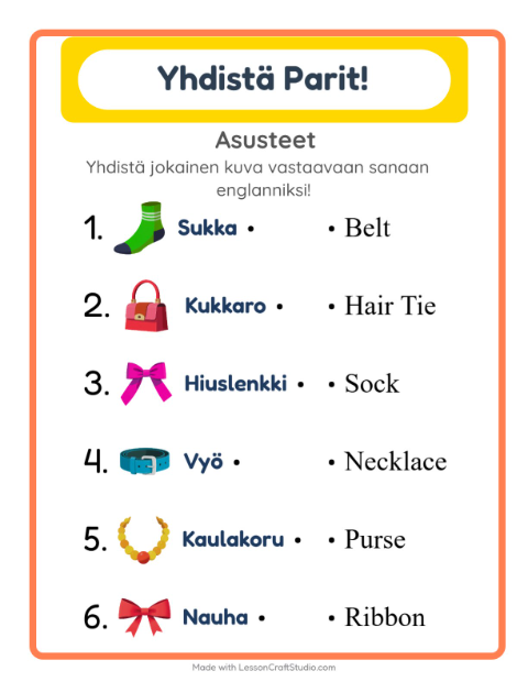 Englannin kuvien ja sanojen yhdistäminen – Asusteet