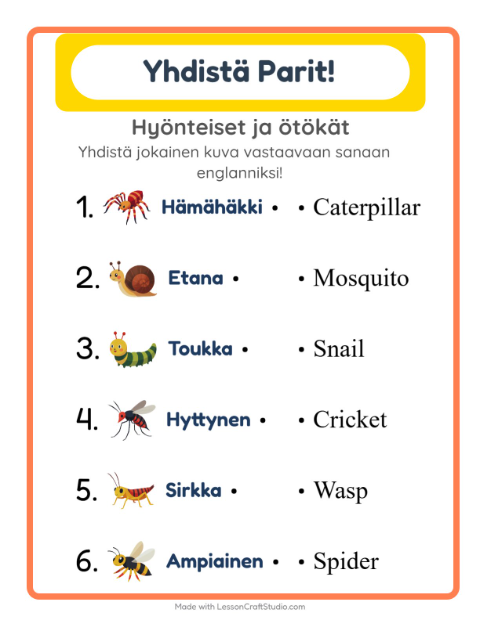 Englannin kuvien ja sanojen yhdistäminen – Hyönteiset ja ötökät