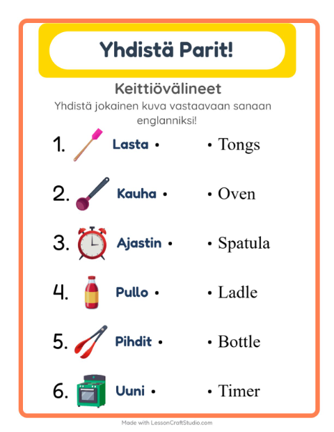 Englannin kuvien ja sanojen yhdistäminen – Keittiövälineet