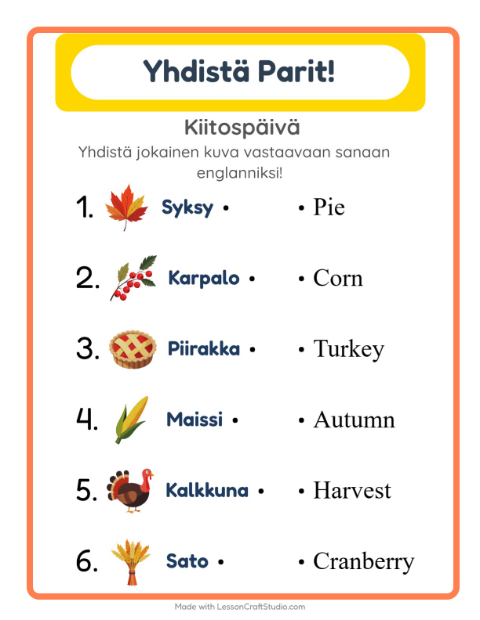 Englannin kuvien ja sanojen yhdistäminen – Kiitospäivä