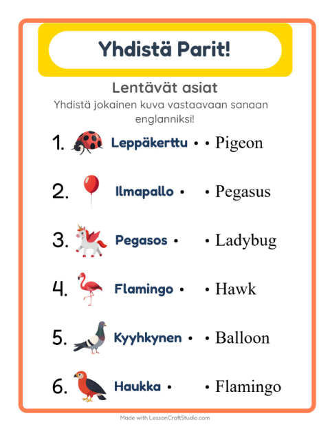 Englannin kuvien ja sanojen yhdistäminen – Lentävät asiat