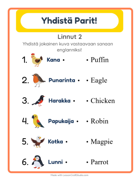 Esikatselu: Opi englantia: Linnut 2 – yhdistä kuvat ja sanat