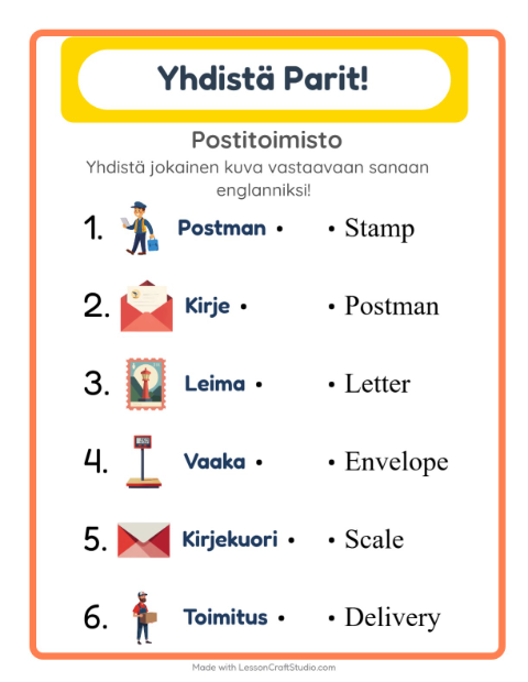 Esikatselu: Opi englantia: Postitoimisto – yhdistä kuvat ja sanat