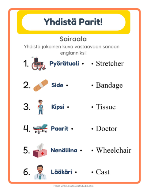 Englannin kuvien ja sanojen yhdistäminen – Sairaala