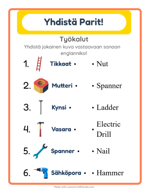 Englannin kuvien ja sanojen yhdistäminen – Työkalut