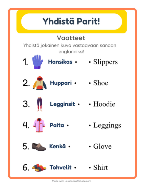 Englannin kuvien ja sanojen yhdistäminen – Vaatteet
