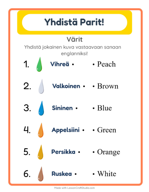 Esikatselu: Opi englantia: Värit – yhdistä kuvat ja sanat