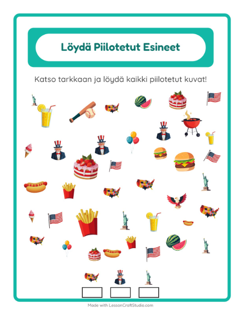 Esikatselu: Etsi Esineet-tehtäväarkki, aiheena Heinäkuun 4., Esiopetus