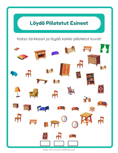 Esikatselu: Etsi Esineet-tehtäväarkki, aiheena Huonekalut, Esiopetus
