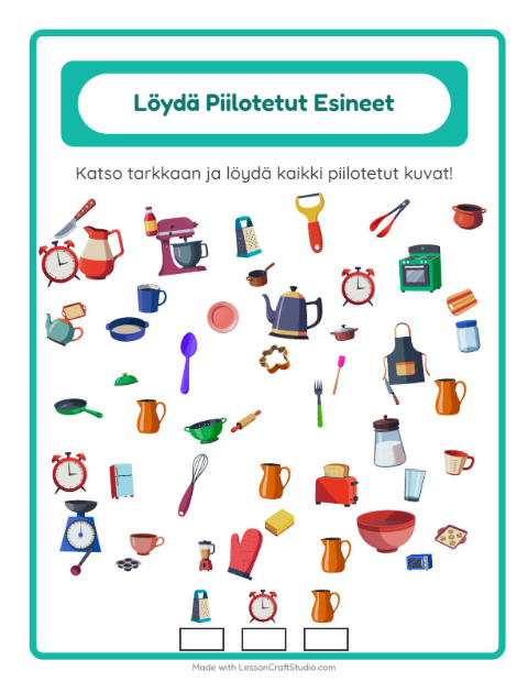 Esikatselu: Etsi Esineet-tehtäväarkki, aiheena Keittiövälineet, Esiopetus