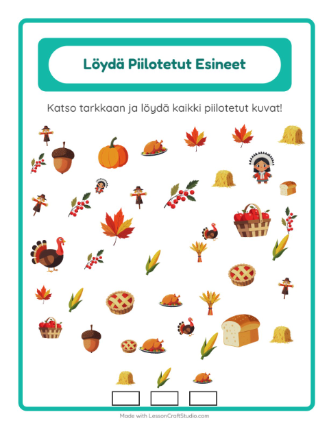 Esikatselu: Etsi Esineet-tehtäväarkki, aiheena Kiitospäivä, Esiopetus