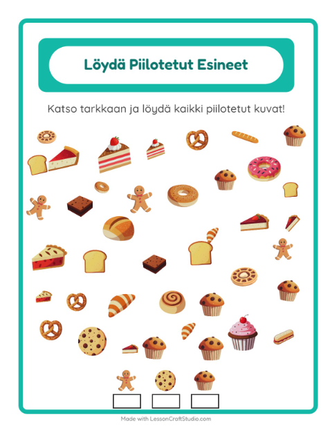Esikatselu: Etsi Esineet-tehtäväarkki, aiheena Leipomo, Esiopetus