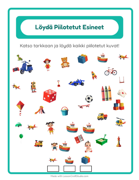 Esikatselu: Etsi Esineet-tehtäväarkki, aiheena Lelut, Esiopetus