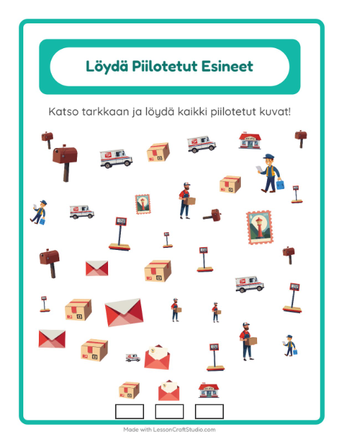 Esikatselu: Etsi Esineet-tehtäväarkki, aiheena Postitoimisto, Esiopetus