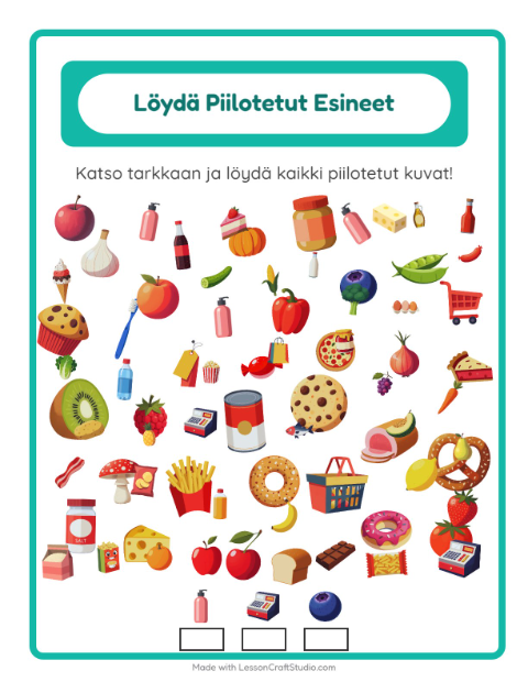 Esikatselu: Etsi Esineet-tehtäväarkki, aiheena Ruokakaupassa, Esiopetus