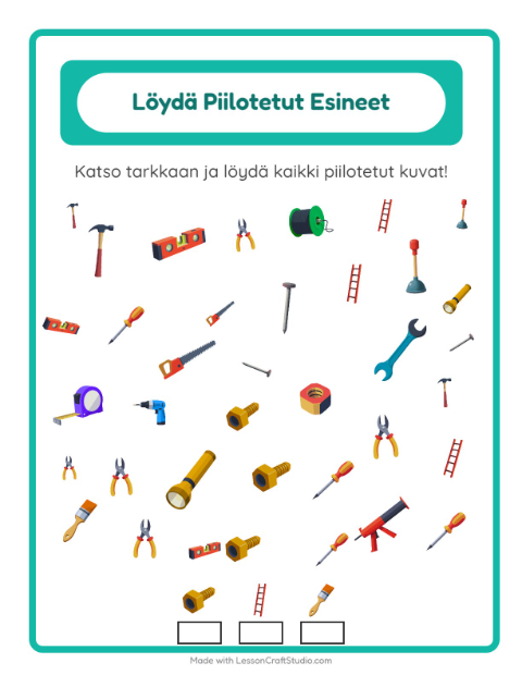 Esikatselu: Etsi Esineet-tehtäväarkki, aiheena Työkalut, Esiopetus