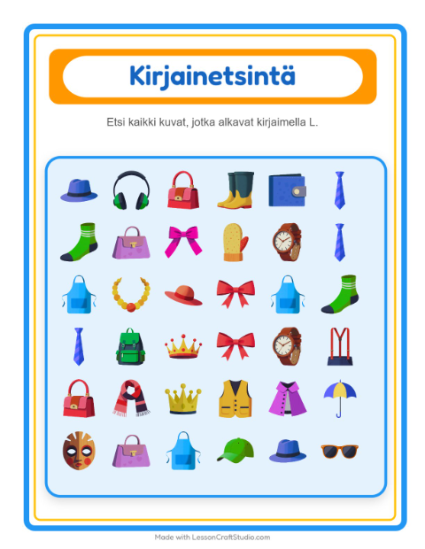 Etsi kirjain – Asusteet