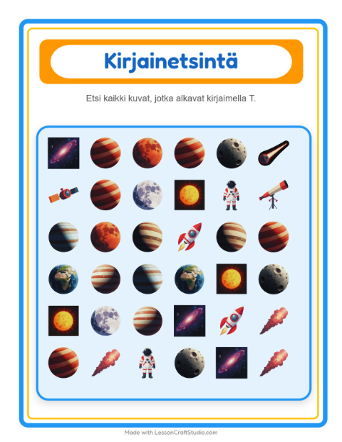 Esikatselu: Etsi kirjain: Avaruus – esikouluikäisille