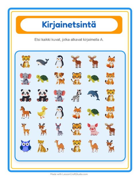 Etsi kirjain: Eläimet – esikouluikäisille — 2