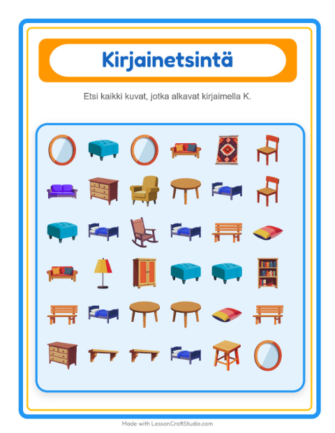 Etsi kirjain – Huonekalut