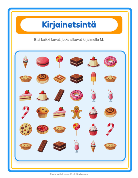 Etsi kirjain – Jälkiruoat ja makeiset