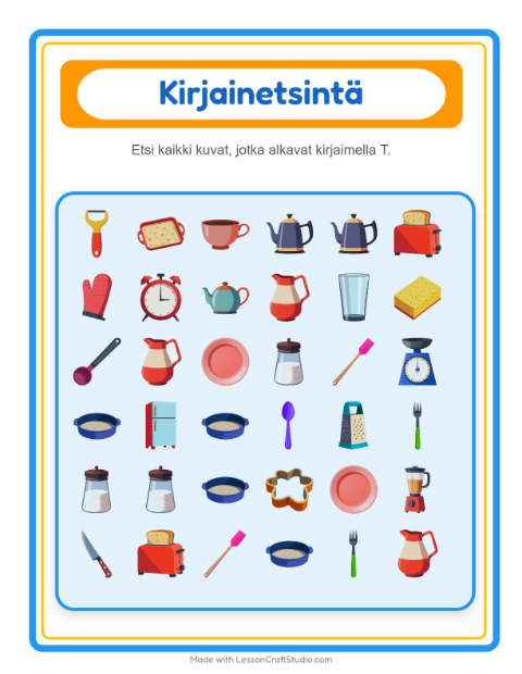 Etsi kirjain – Keittiövälineet