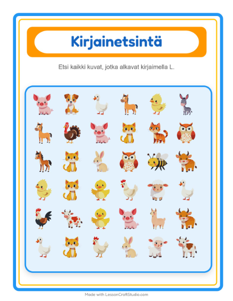 Etsi kirjain – Maatilan eläimet